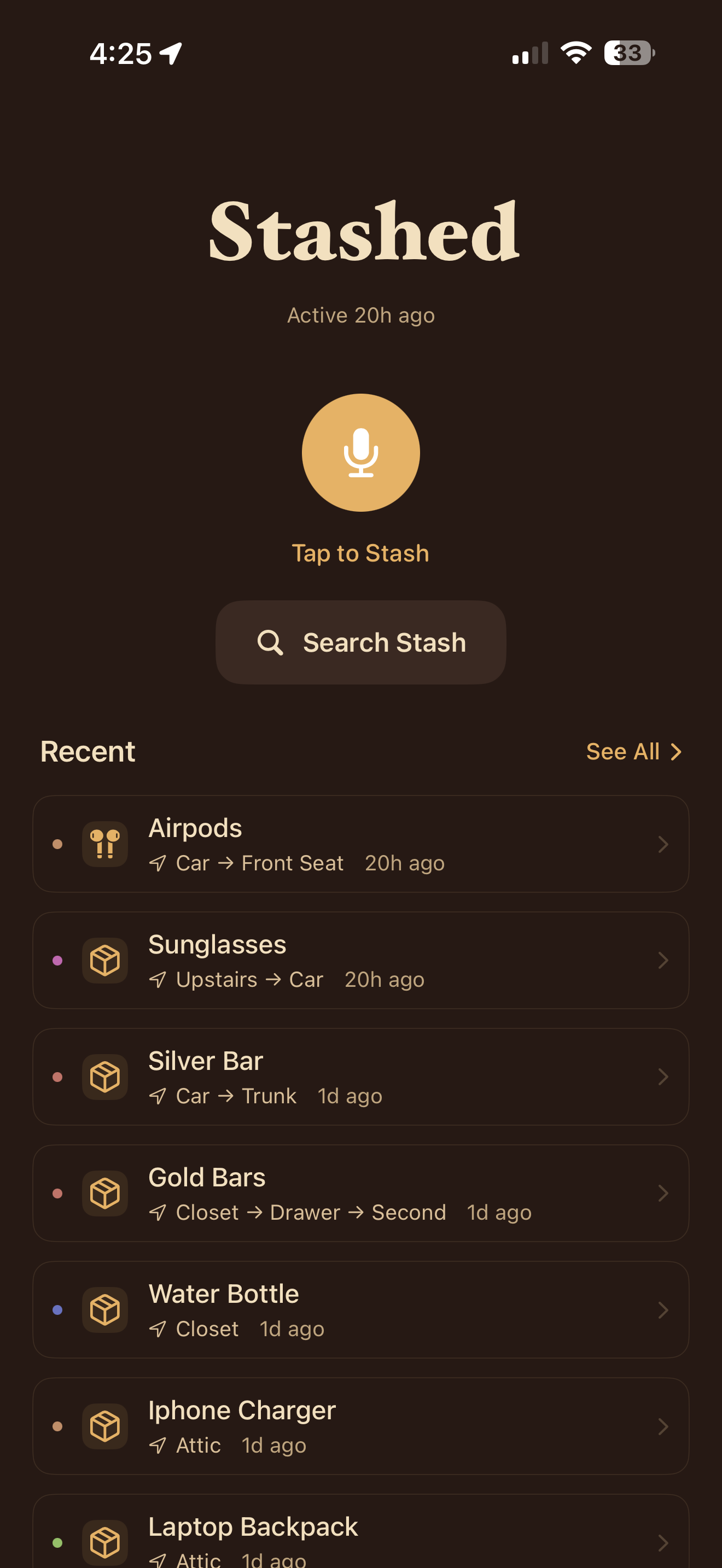 Stashed App Home Screen